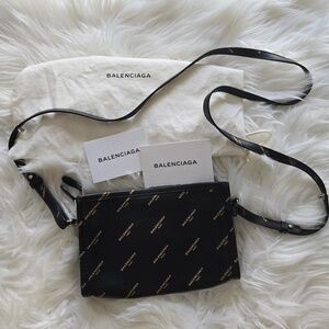 Balenciaga Calfskin Allover Logo Bazar Pochette Crossbody Bag